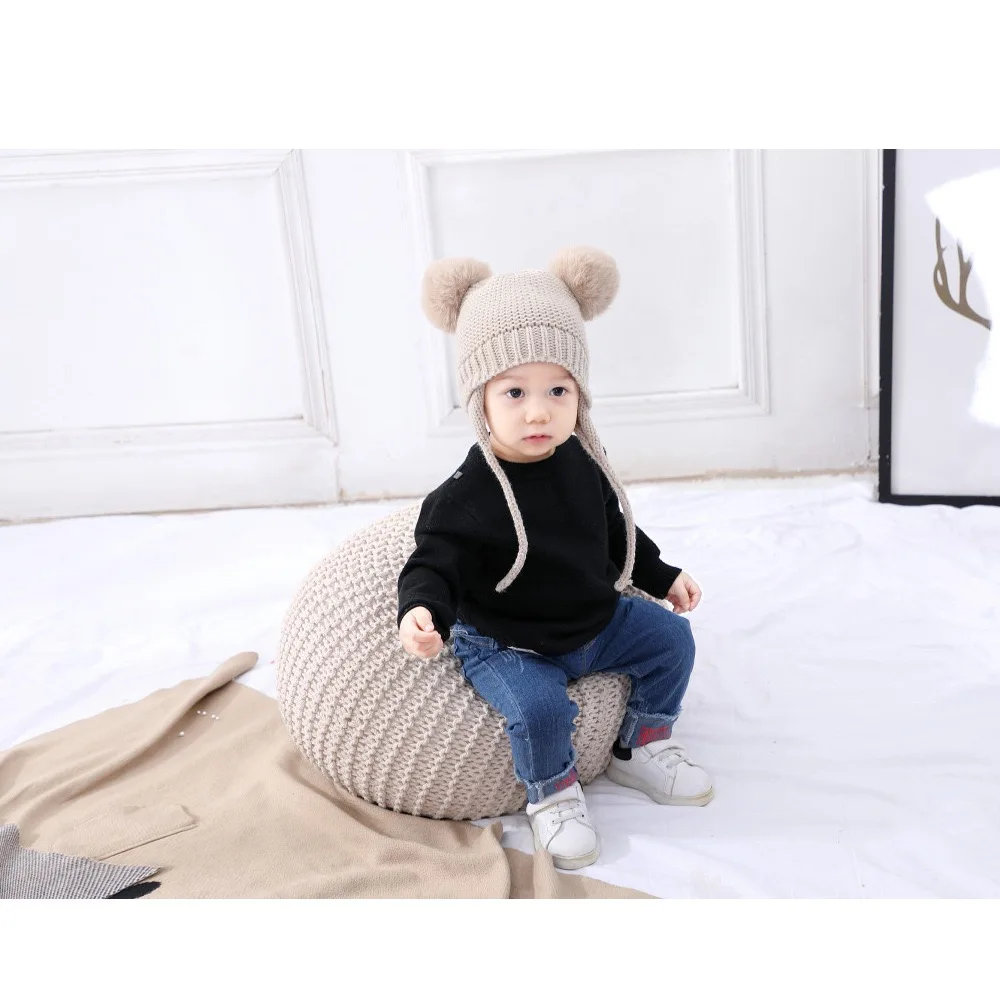 New Baby Braid Double Ball Knit Hat Fashion Cute Warm Children's Hat Photograph Outdoor Available Everyday