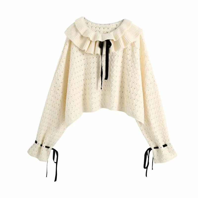 Evfer Women Fashion Cascade Collar O-neck Za Hollow Out Cute Knitted Pullover Chic Lady Drawstring Bow Lace Up White Sweaters | Женская