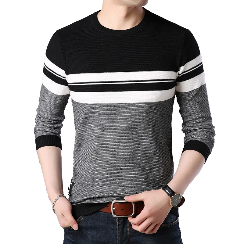 

TFETTERS 2019 Autumn Casual Men's Sweater Men's O-neck Striped Slim Fit Knittwear Mens Sweaters Pullovers Mens Pullover Neck