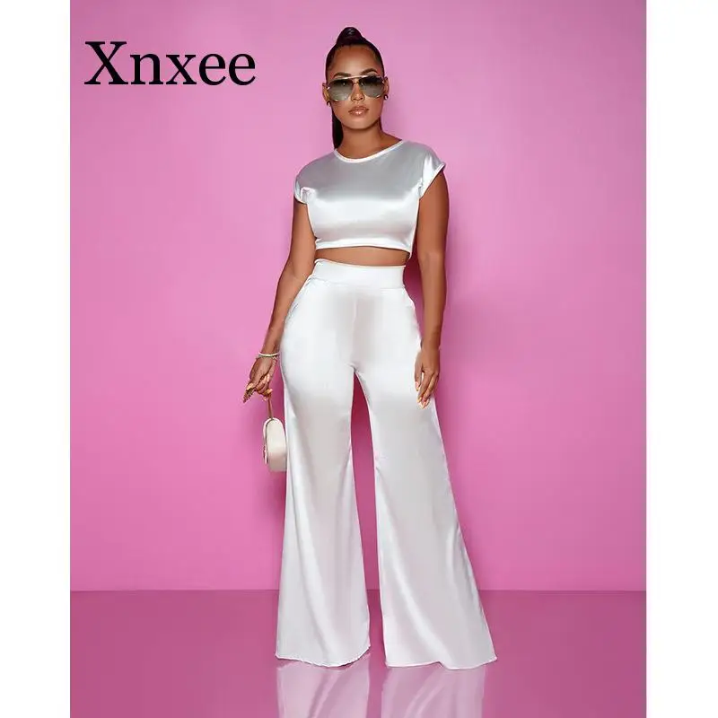 Satin 2 piece set women Short Sleeve Crop Top and wide Leg Long Pants Set Sexy Tracksuit Club Outfits Elegant Matching Sets 2019