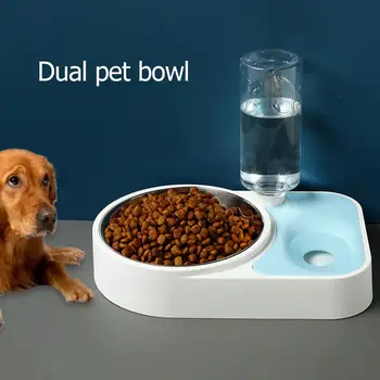 

Plastic Double Basins Pet Feeder Non-toxic Stainless Steel Dog Cat Bowl Automatic Water Drinker Puppy Kitten Supplies