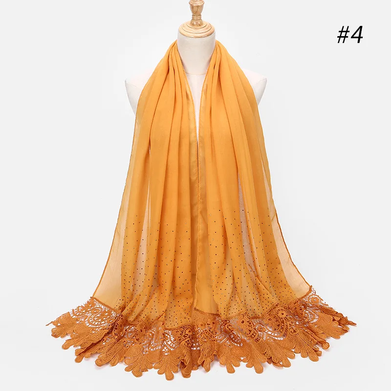 

2019 women plain cotton lace scarf Head hijab wrap solid cover-up shawls foulard femme headscarf muslim rhinestone hijabs stole