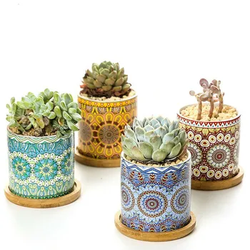 

Simple Mandala Ceramics Succulents Plant Flower Pot Geometric Straight Printing Flower Pot Home Garden Decoration WF106