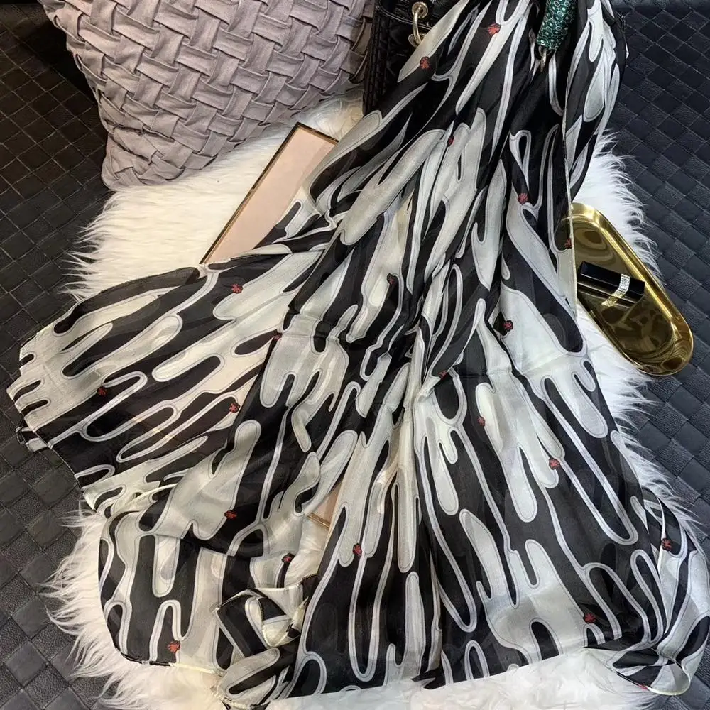 Женский шёлковый шарф черный белый золотистый длинный 100% x 180 см|brand silk scarf|fashion