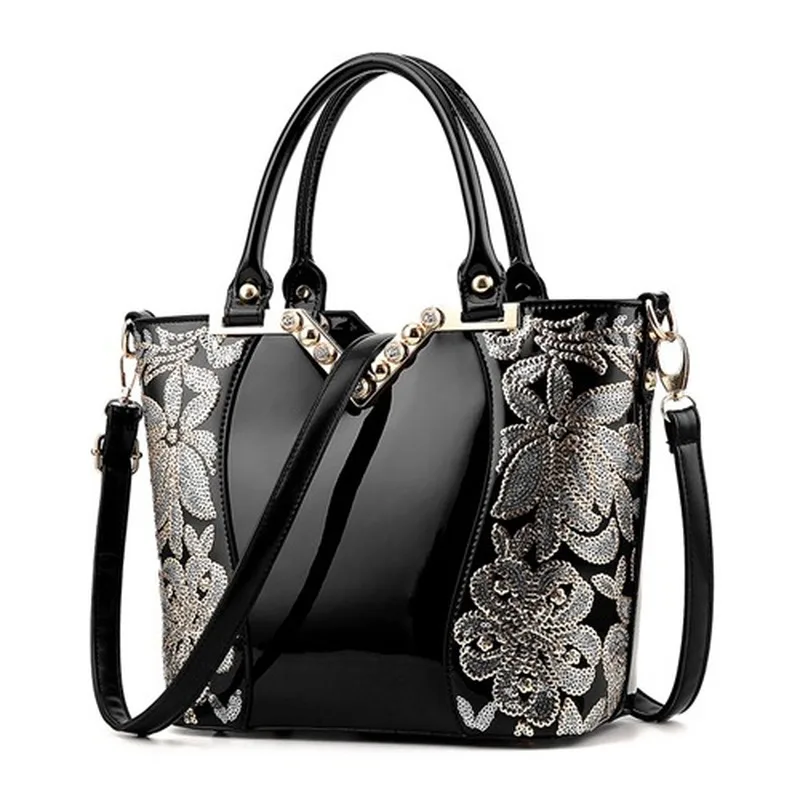 

European and American Large-capacityluxury Handbags High-quality Patent Leather Embroidery Flowers Ladies Shoulder Bag