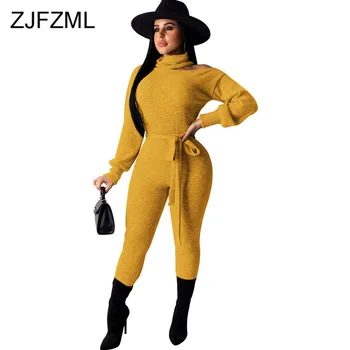 

Knitted Solid Hollow Out One-Shoulder Skinny Bodysuit Women Turtleneck Long Sleeve Jumpsuits High Waist Sashes One Piece Overall