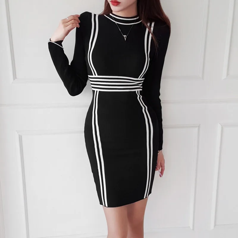 

2020 Spring Clothing New Products Korean-style Elegant Stand Collar Black And White Stripes High-waisted Slimming Slim Fit Sheat
