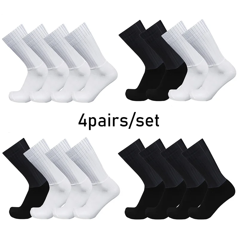 4pairs/set Aero Pure Color Cycling Sports Socks Silicone Non-slip Pro Racing Bicycle Socks Summer Cool Calcetines Ciclismo