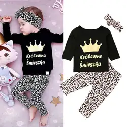 Детская одежда с длинными рукавами для маленьких девочек топы принцессы с короной, леопардовые леггинсы, брюки комплект из 3 предметов