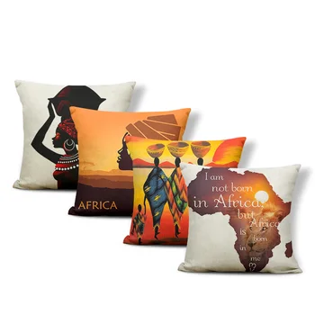 

African Text Retro Pillowcase Women Map Orange Clouds Square 45*45 Cushion Cover Decoration Living Room Polyester Linen Pillow