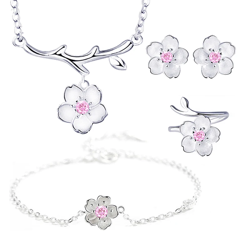 Pink 4pcs Set 925 Пробы Ювелирные наборы из серебра, романтические цветы вишни, ожерелье+ серьги+ кольцо+ браслет для женщин, подарок - Цвет камня: Pink 4pcs Set