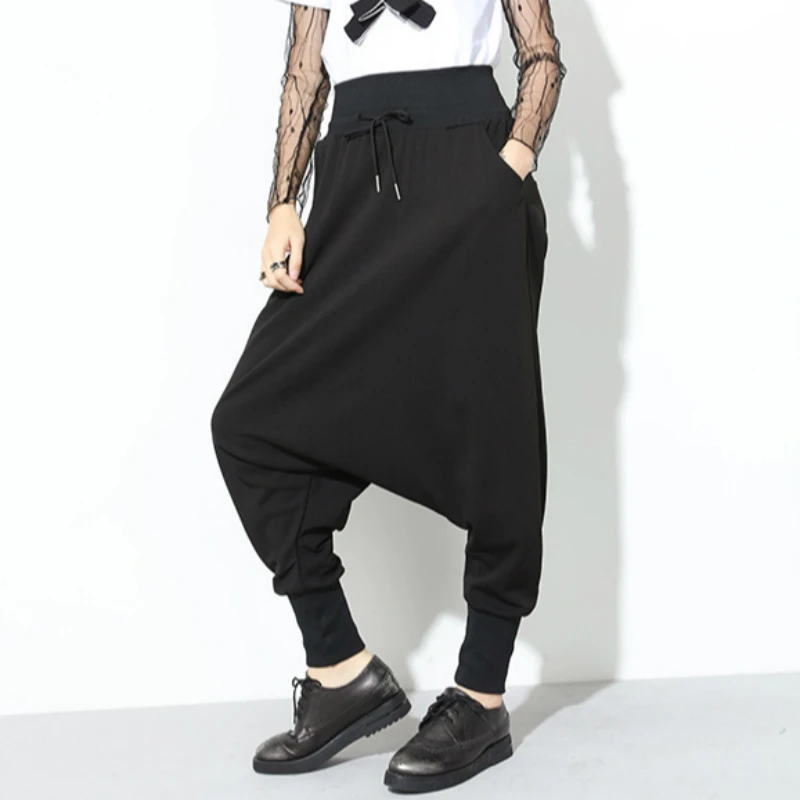 

Baggy Harem Pants Unisex Elastic Waist with Lace-up Women Hip Hop Drop Crotch Long Pant Men Bunch Pencil Bottom Casual Trousers