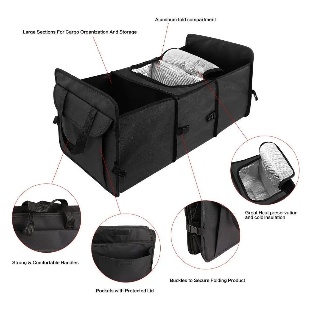 

Foldable Trunk Organizer - Cooler Storage for Auto Front&Back Seat, Collapsible - Hold Vehicle Cargo Secure and Prevent Sliding