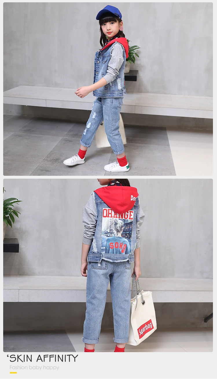 Fashion Design Girls Set Blue Patchwork Hooded Denim Jacket + Denim Jeans Spring Clothes Clothing Set