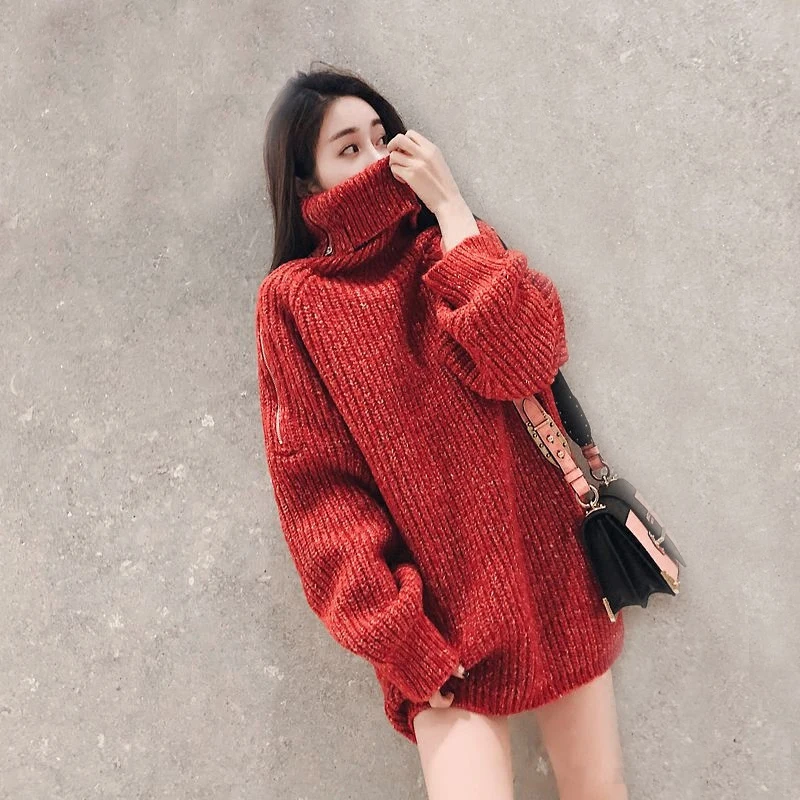 Autumn Winter Women Midi Long Turtleneck Sweater Warm Thicken Knitted Pullovers Female Sleeve Zipper Sweaters Tops AB1658 | Женская