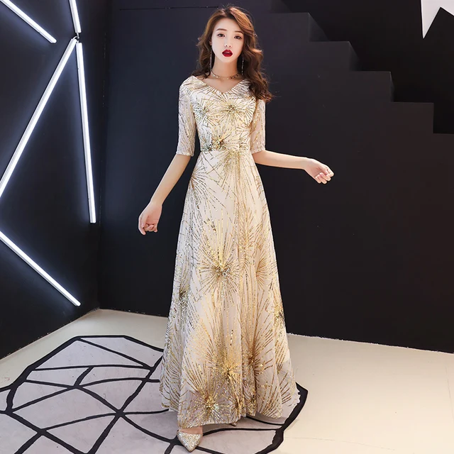 2022 Robe De Soiree Evening Dress Gold Sequined Crystal O-Neck Black Floor-Length Dinner Long Party Prom Gown FD282 hot pink prom dress Prom Dresses