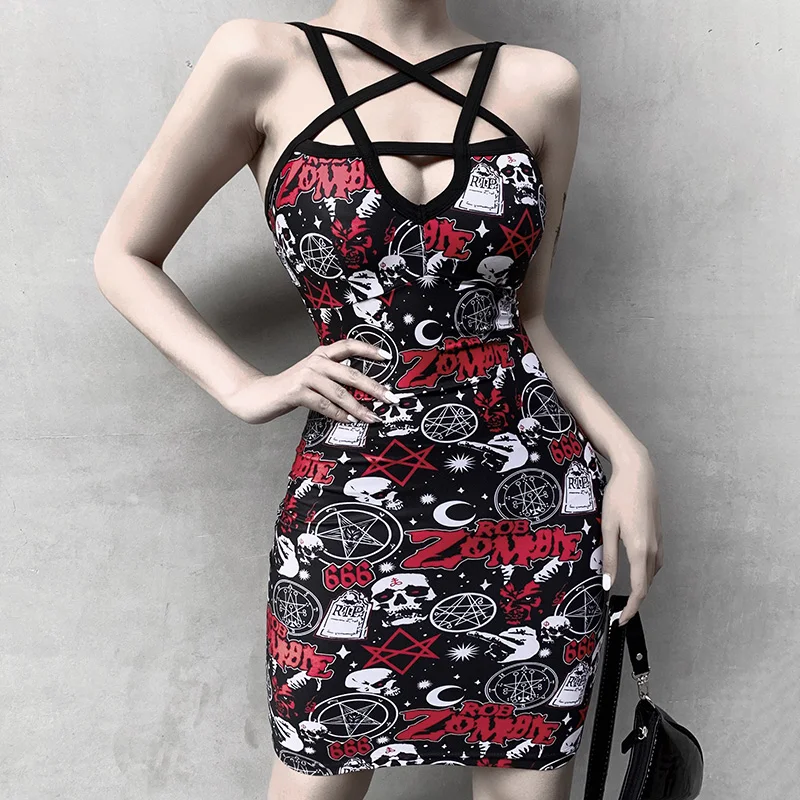 InsGoth пентаграмма выдалбливают сексуальное готическое платье Хэллоуин Череп Роза печатных Bodycon мини вечерние женские платья Harajuku уличная одежда