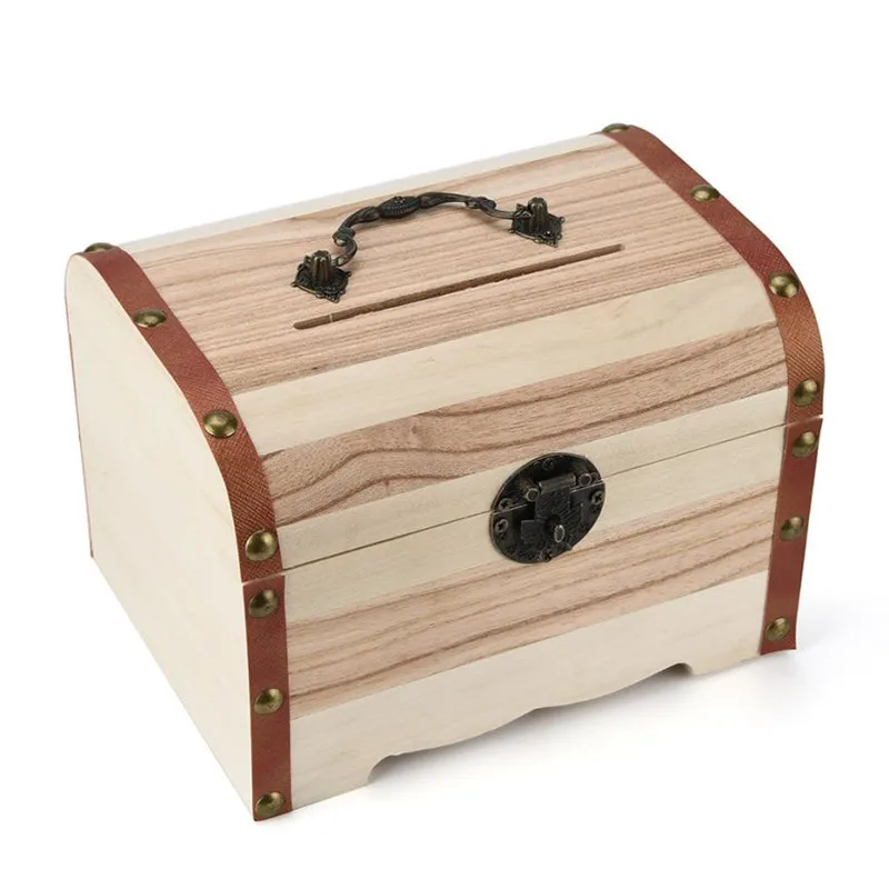

1PC Retro Wooden Piggy Bank Safe Metal Lock Money Saving Case Natural Wood Line Handmade Money Storage Case #B30