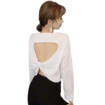 

Korean Style Women T Shirt Fashion Solid Long Sleeve O-Neck T-shirt Sexy Backless Crop Tops Female Tshirts Casual harajuku /