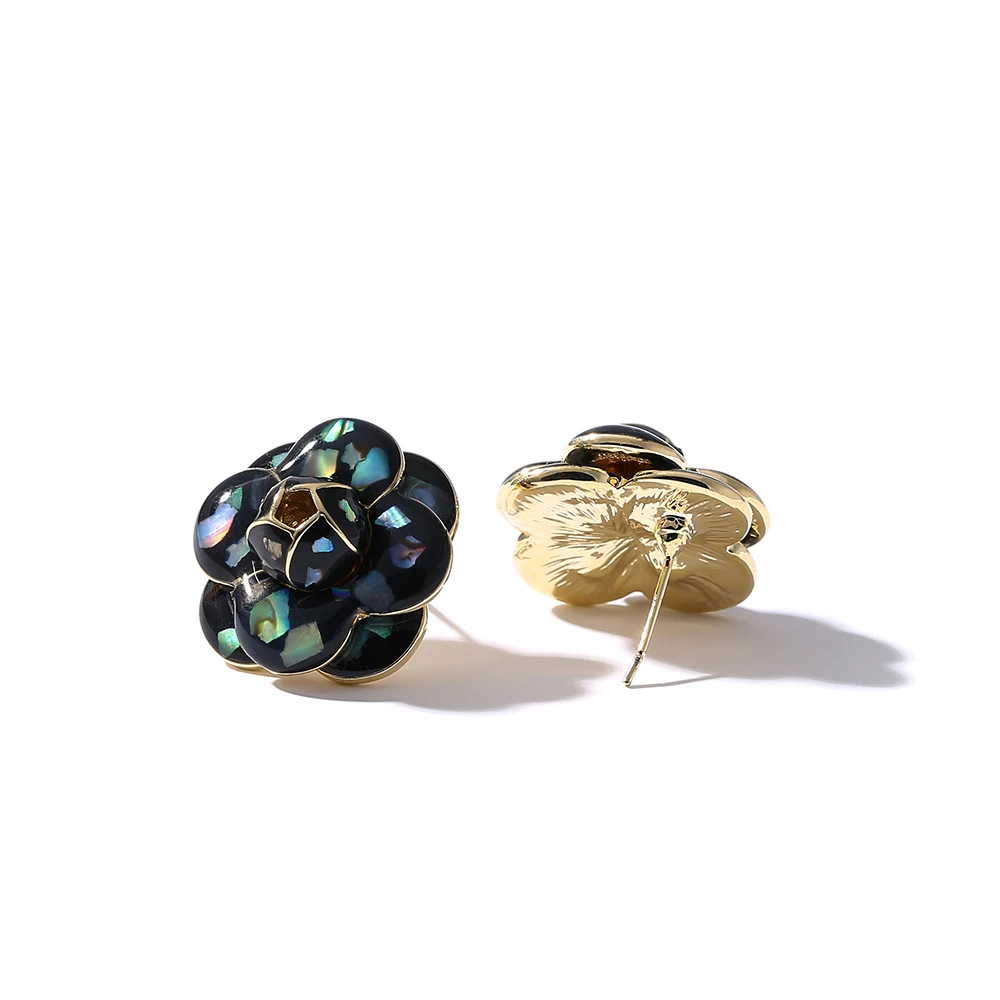 Yhpup Stud Earrings Natural Shell Enamel Mountain Tea Flower Luxury Elegant Earrings Brand High Quality S925 Post Jewelry Female