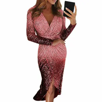 

UK New Ladies Sparkly Sequin Glitter Dress Cocktail Slip Wrap Midi Dress