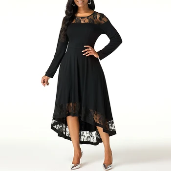 

Plus Size Women Spring Dress Solid Large Size Evening Party Lady Midi Dress Sexy Lace Elegant Long Sleeve Female Dress Vestidos