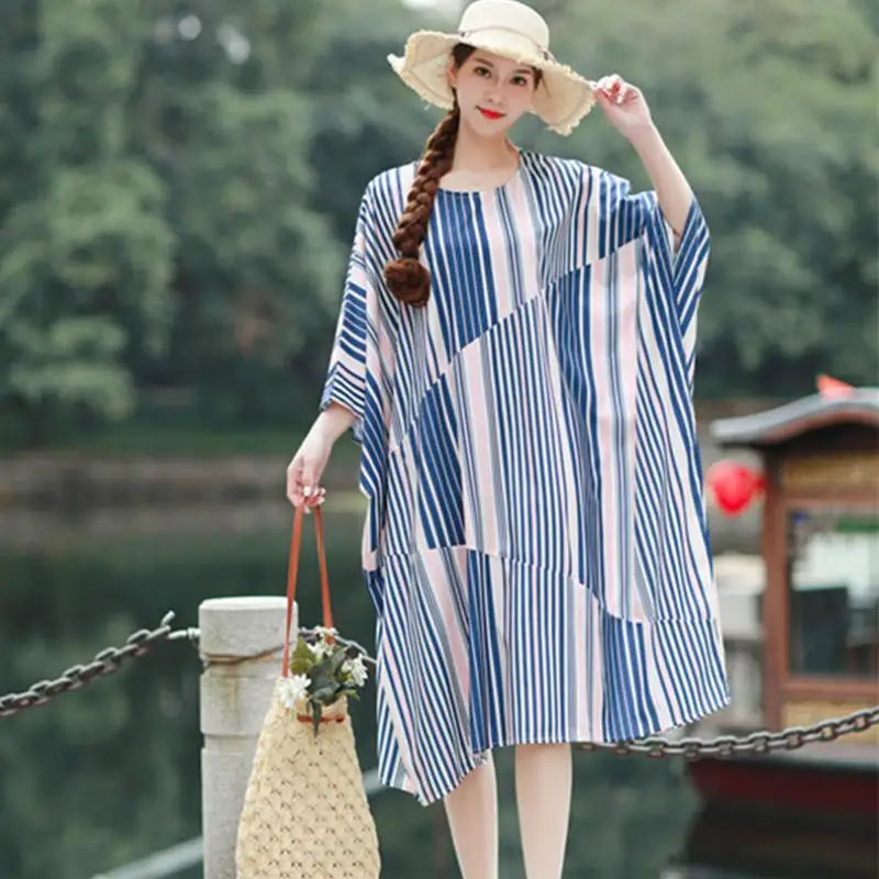 

Plus Size Striped Beach Long Dress Women Summer Batwing Sleeve Loose Dresses Casual Oversized Korean Dress Robe 4XL 5XL 6XL 7XL