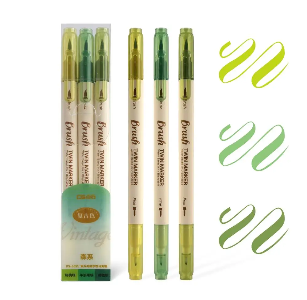 

3pcs Double-head Retro color Brush Marker Pens Set Dual side Fine Liner Water Based Ink Blendable Watercolor Art Paint Drawing