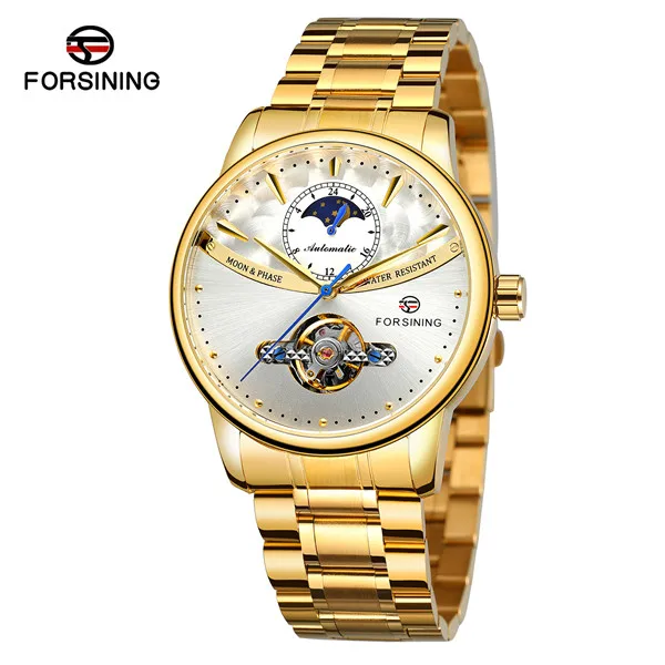 FORSINING Tourbillon водонепроницаемые механические мужские часы из нержавеющей стали с фазой Луны Автоматические наручные часы Relogio Masculino - Цвет: gold white