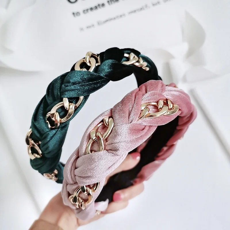 

Solid Color Velvet Braid Headband with Metal Chains Hair Accessories Korean Twists Hairband Women and Girls Head Wear