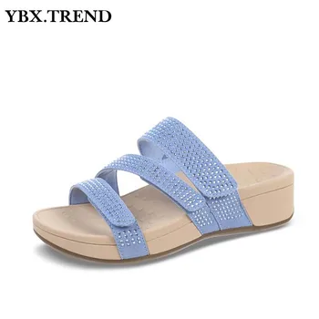 

Women Slippers Plus Size Sandals Rhinestones Crystal Platform Wedges Slides Summer 2020 Ladies Shoes Hook Loop Female Footwear