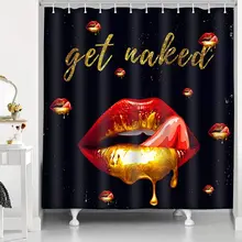 

Get Naked Bath Curtains Golden Sexy Lips Black Background Fashion Cool Fun Bathroom Screen Waterproof with Hooks Home Decor