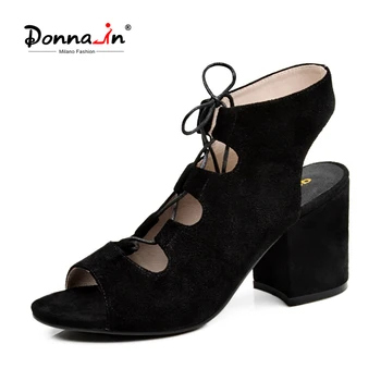 

Donna-in Suede Sandals For Women 2020 Lace Up Block High Heels Rome New Summer Shoes Female Black Brown Fashion Gladiator Heels