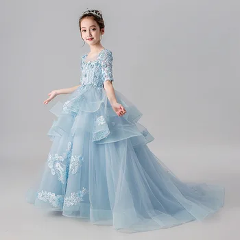 

Long Blue Flower Wedding Dressing Girl Piano Performance Clothing Round Collar Elegant Children Mesh Kids Princess Dress