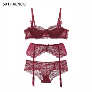 

SXTHAENOO Ultra-thin Sexy Lace See Through Bra Briefs With Garter Transparent Underwear With Garters For Women A B C D Cup