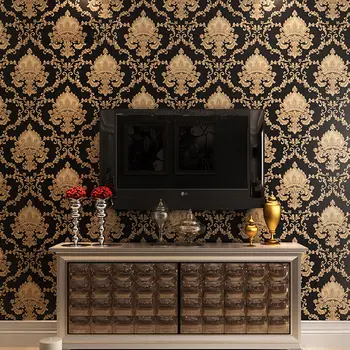 

One Roll Luxury Black Metallic Gold Texture Damask Wall Sticker Decor Home Use
