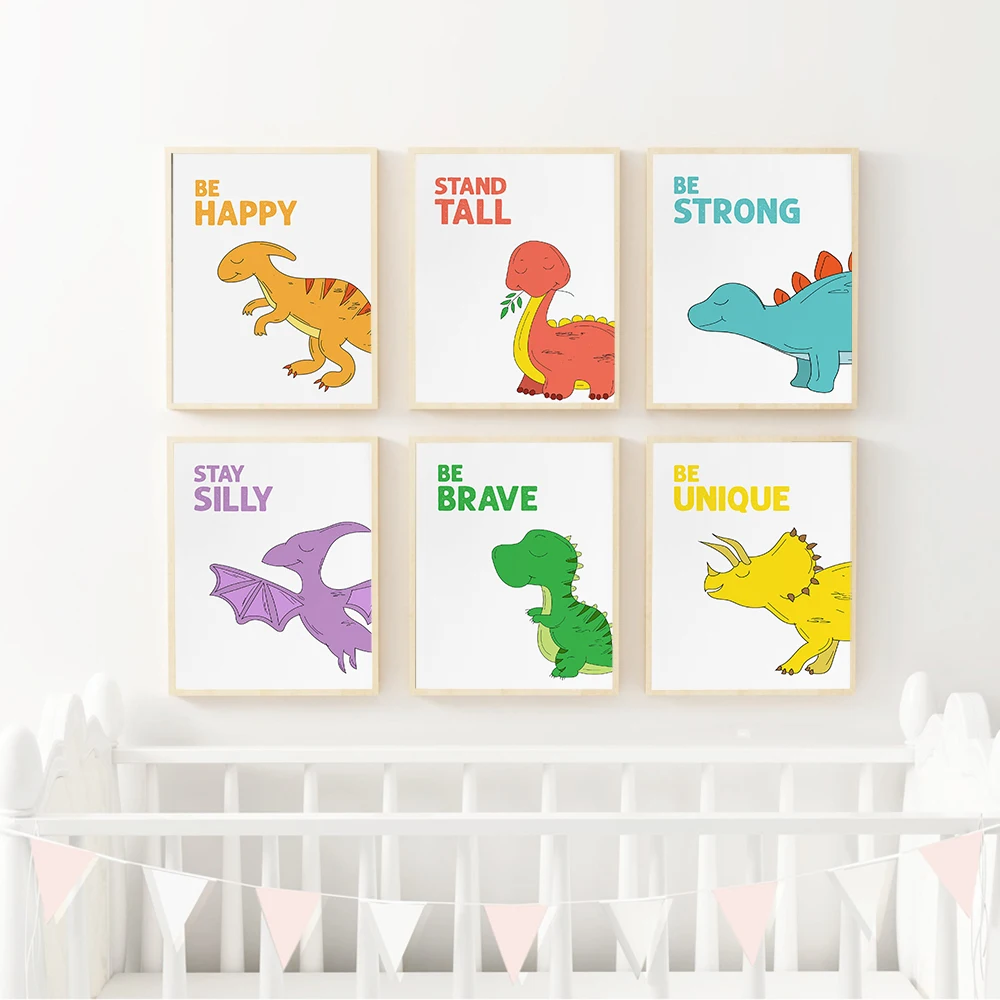 Cute Dinosaur Cartoon Poster Print Wall Art Canvas Painting Baby Kids Room Decor 