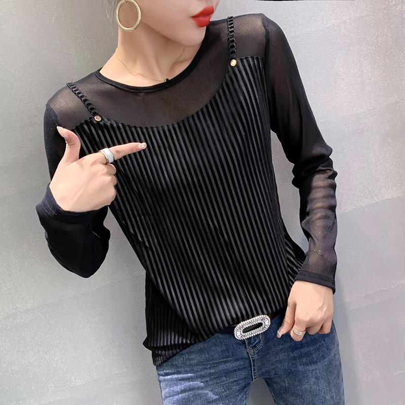 

Spring Fall Fake Two Piece T-Shirt Sexy Pleuche Patchwork Mesh Women Tops Bottoming Shirt Long Sleeve All Match Tees New T16309A