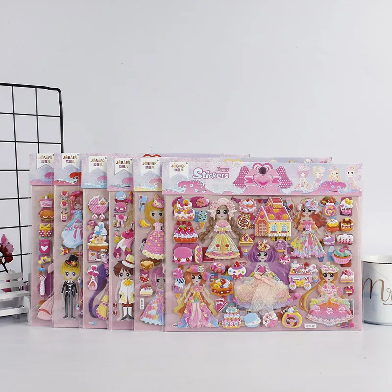 

Children's princess lace dress dress up double-layer 3D three-dimensional PVC bubble stickers kindergarten girl gifts toys