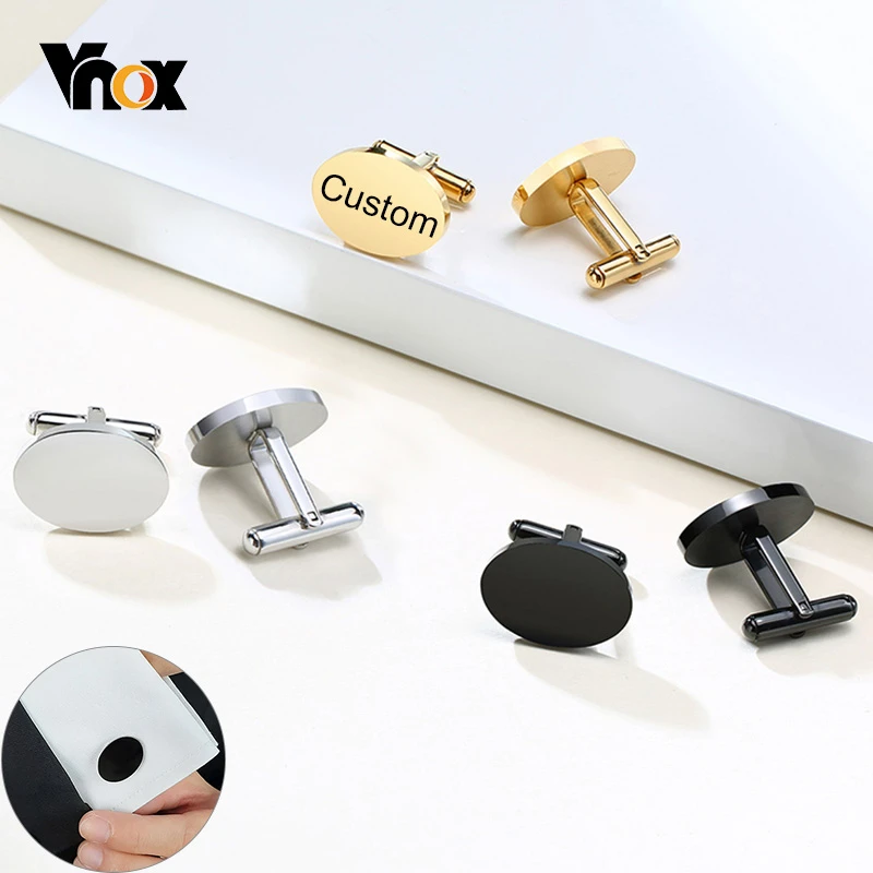 Vnox персонализированные 2 шт Овальные мужские запонки глянцевые металлические запонки из нержавеющей стали заказной подарок для Муж папа - изображение