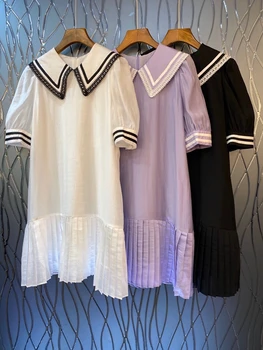 

2020 Spring and Summer New Women's Striped Color Trim Lapel he ye bai Short Sleeve Dress 513