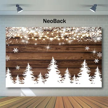 

NeoBack Winter Wooden Backdrop Snow Pine Tree Baby Shower Photo Background Dessert Table Decor Props Photography Backdrops