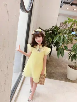 

baby dress embroidered bird yellow color summer baby girls dresses