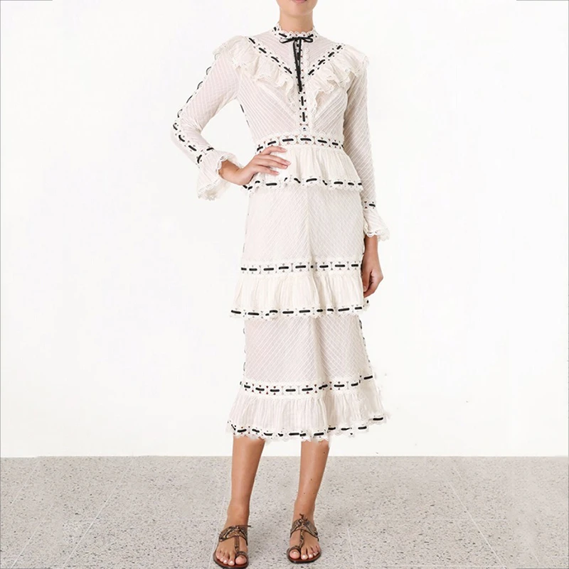 

DEAT 2020 new spring and summer fashion women clothing runway stlye stand collar flare sleeves lace hollow out ruffle long dress