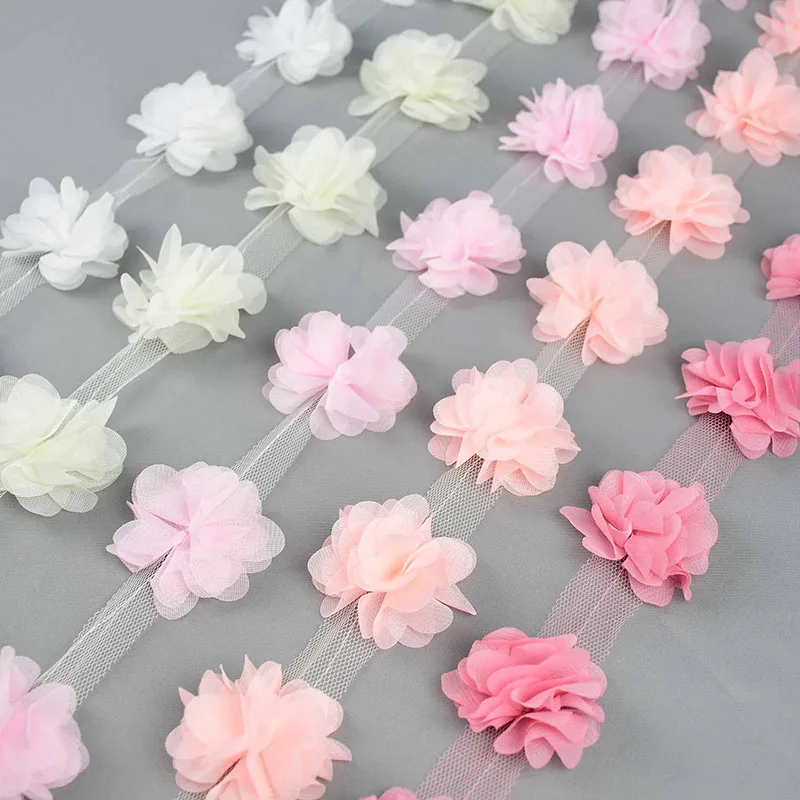 2Yard 2.5cm 3D Applique Chiffon Cluster Flowers Lace Trim Ribbon Fabric DIY Sewing Handmade Craft Material Lace Dress Decoration