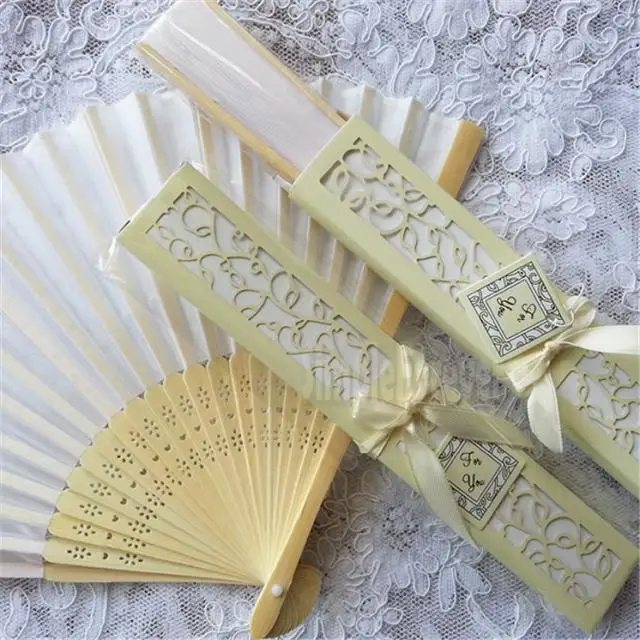 

200pcs/lot Personalized Luxurious Silk Fold Hand Fan In Elegant Laser-Cut Gift Box Wedding Birthday Party Favors Gift for Guest