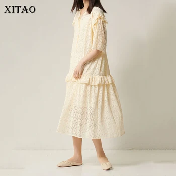 

XITAO Lace Crochet Flower Women Dress Fashion Elegant V Neck Five-point Sleeve Ruffle Dresses Korean Style 2020 Summer DMY4294