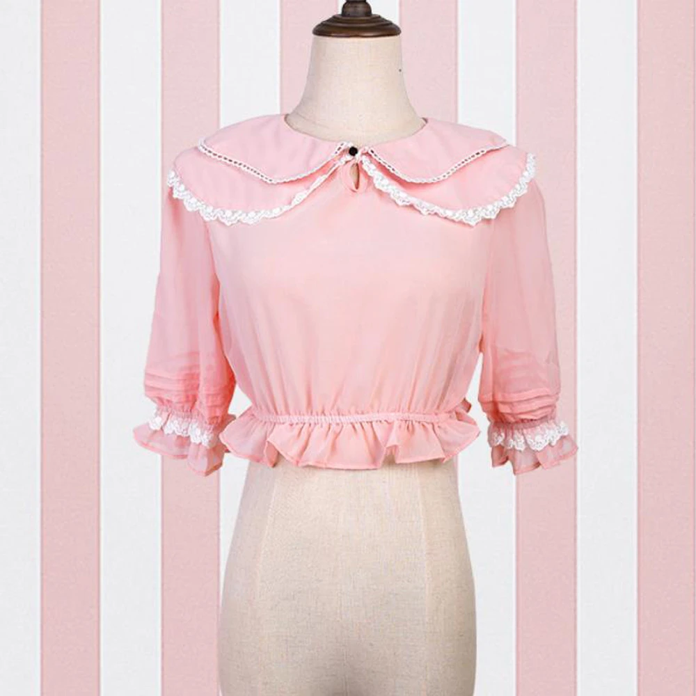 Blusas cortas para mujer, corta con cuello con puntadas tipo encaje Lolita, camisas de manga rosas|Blusas y camisas| - AliExpress