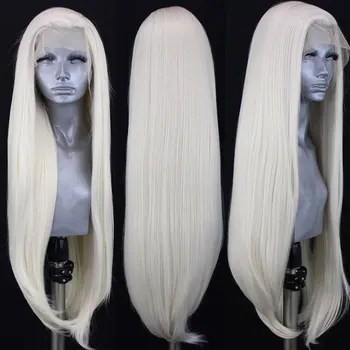 

Bombshell White Synthetic Hair 13*3 Hand Tied Lace Front Wig Long Straight Heat Resistant Fiber Hair Side Parting For Women Wigs