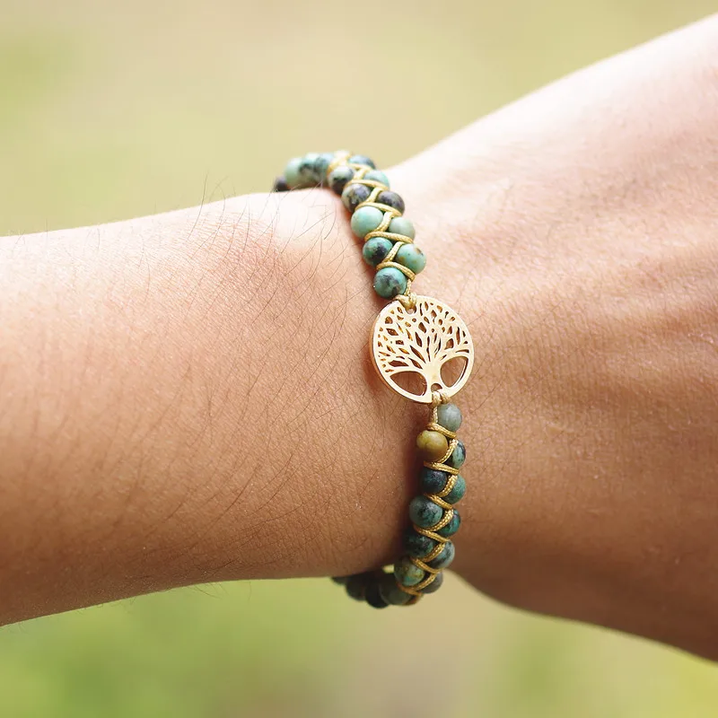 Handmade Natural Stone Boho Yoga Wrap Bracelet & Bangle Tree of Life African Japser Braided Charm Bracelet Women Men Gift